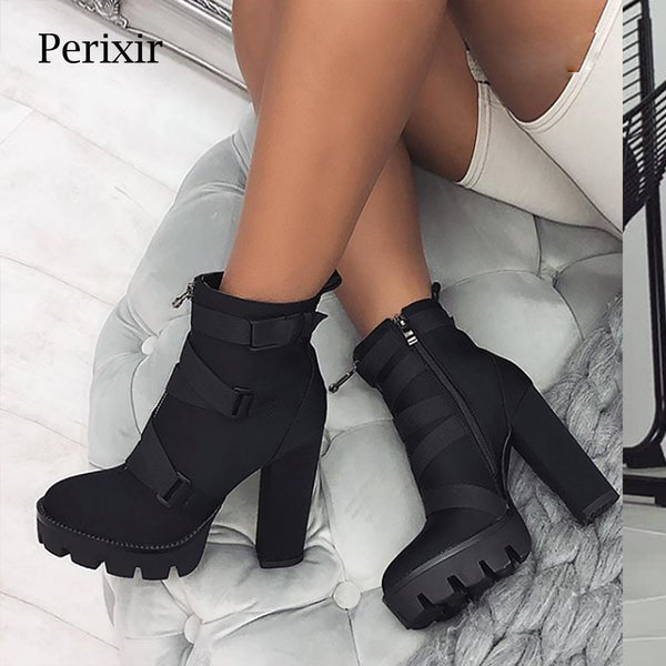 2020 New Fashion Spring Autumn Platform Ankle Boots Women 12cm Thick Heel Platform Boots Ladies Worker Boots Black Big Size 43