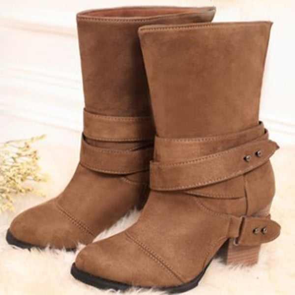 Women Boots Fashion round Toe Women winter Boots Comfortable Square Heel Flock Shoes Women Belt decoration Mid-calf Martin Boots
