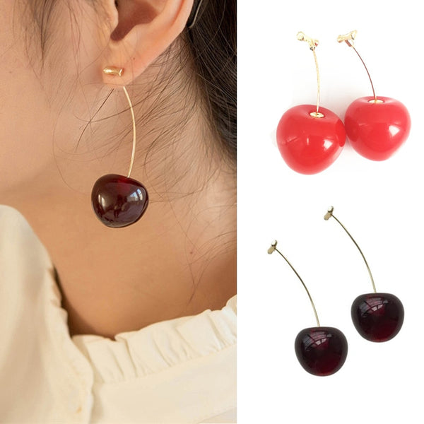 New Fashion Red Cherry Gold Drop Earring Sweet Fruit Long Crystal Earrings for Women Lady Gift Jewelry Tassel Dangle Accessories