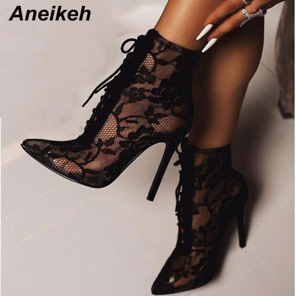Aneikeh Black Mesh Women's Boots Fashion Pointed Toe Lace-up High Heels Women Transparent Ankle Boots Female Sandals Pumps Dress