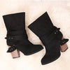 Women Boots Fashion round Toe Women winter Boots Comfortable Square Heel Flock Shoes Women Belt decoration Mid-calf Martin Boots