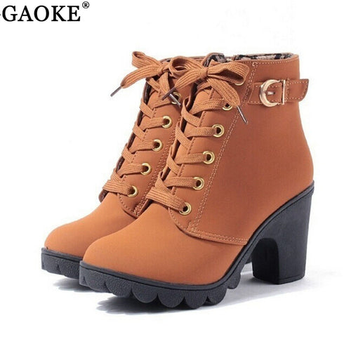 2020 New Autumn Winter Women Boots High Quality Solid Lace-up European Ladies shoes PU Leather Fashion Boots Free Shipping