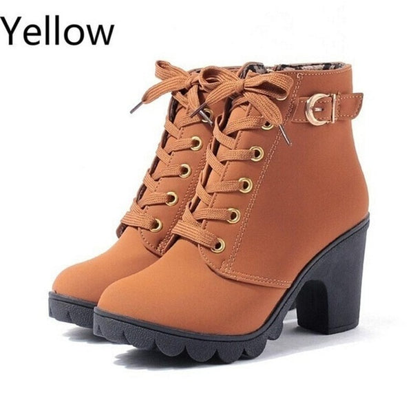 2020 New Autumn Winter Women Boots High Quality Solid Lace-up European Ladies shoes PU Leather Fashion Boots Free Shipping