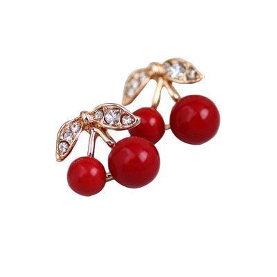 New Fashion Red Cherry Gold Drop Earring Sweet Fruit Long Crystal Earrings for Women Lady Gift Jewelry Tassel Dangle Accessories