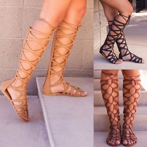 2019 Roman Gladiator Bandage Sandals Women Knee High flat sandalias botas femininas Women Shoes Girls Summer hollow Ankle Boot