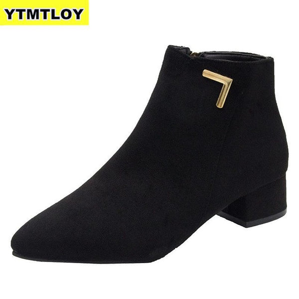 Fashion Women Boots Casual Leather Low High Heels Spring Shoes Woman Pointed Toe Rubber Ankle Boots Black Red Zapatos Mujer
