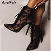 Aneikeh Black Mesh Women's Boots Fashion Pointed Toe Lace-up High Heels Women Transparent Ankle Boots Female Sandals Pumps Dress