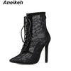 Aneikeh Black Mesh Women's Boots Fashion Pointed Toe Lace-up High Heels Women Transparent Ankle Boots Female Sandals Pumps Dress