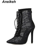 Aneikeh Black Mesh Women's Boots Fashion Pointed Toe Lace-up High Heels Women Transparent Ankle Boots Female Sandals Pumps Dress