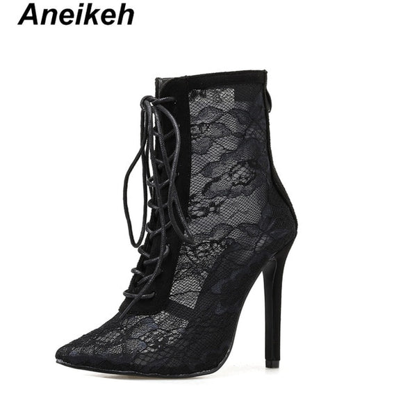 Aneikeh Black Mesh Women's Boots Fashion Pointed Toe Lace-up High Heels Women Transparent Ankle Boots Female Sandals Pumps Dress